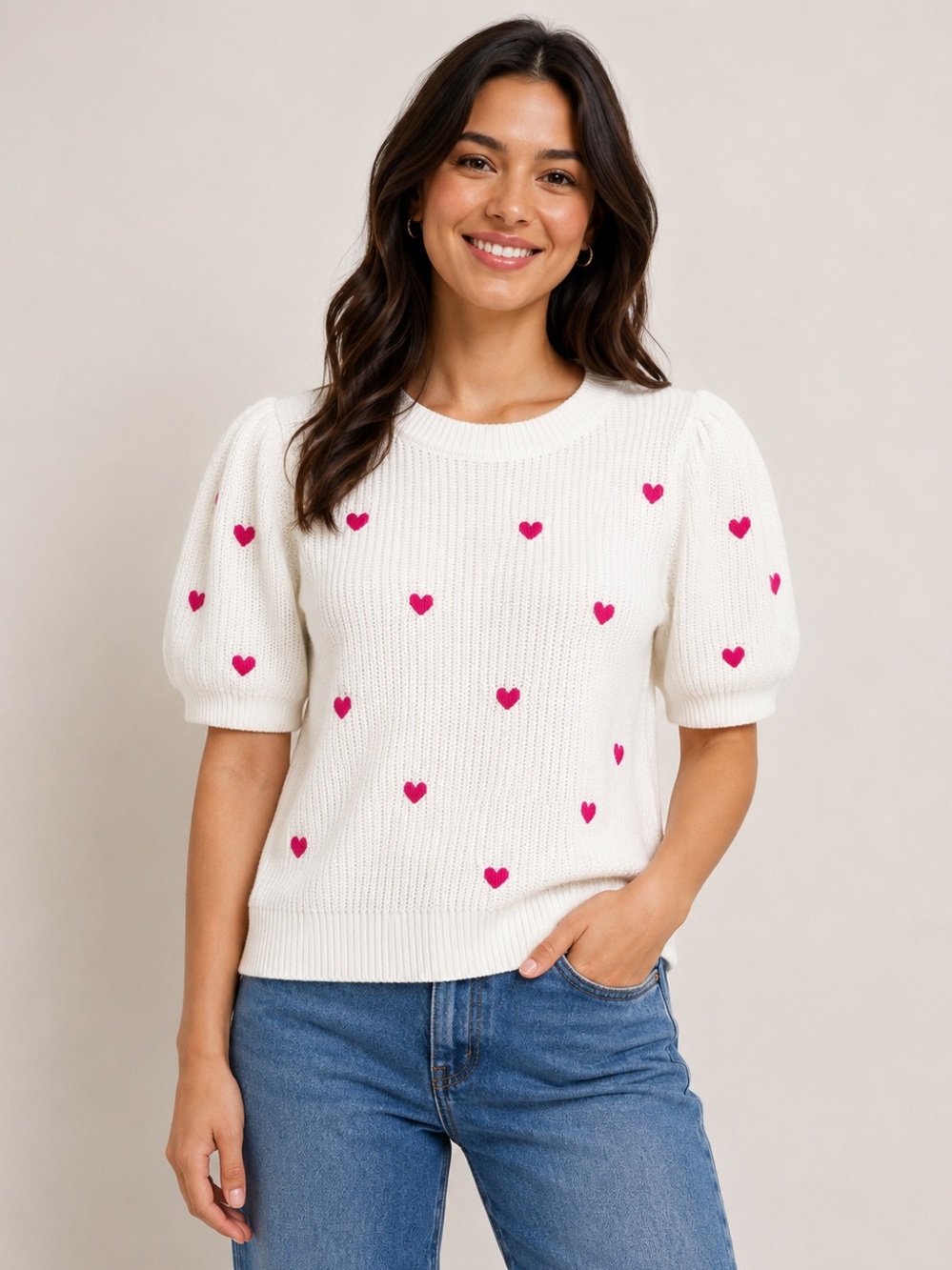 Francesca’s White Embroidered Heart Print Puff Sleeve Sweater Top | Size Medium